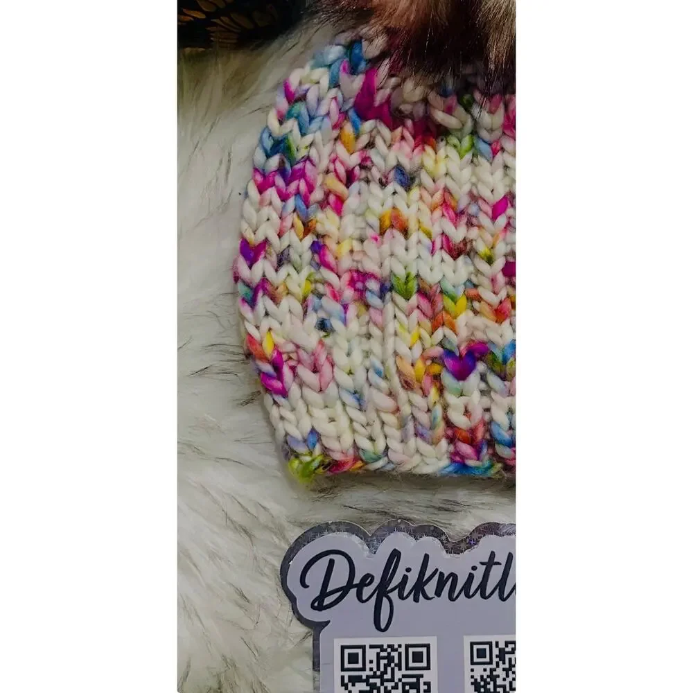 Hand Knit Merino Wool Beanie: Open Ridge Knit Hat with Faux Fur Pom